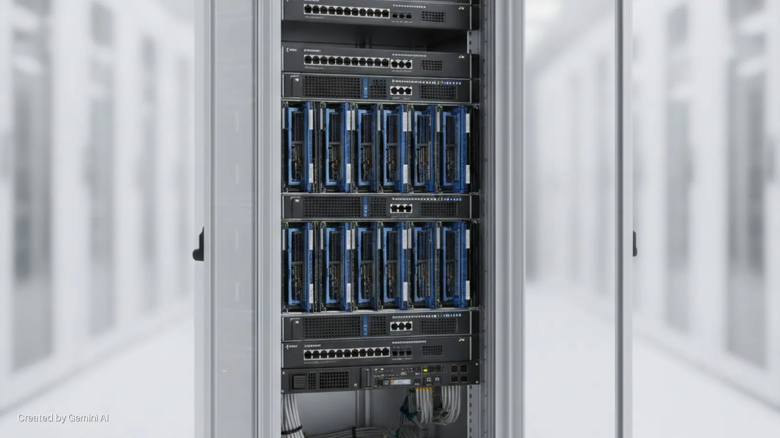 A grey server rack filled with black network switches and two prominent sections of blue blade server modules stands in a brightly lit data center hallway.