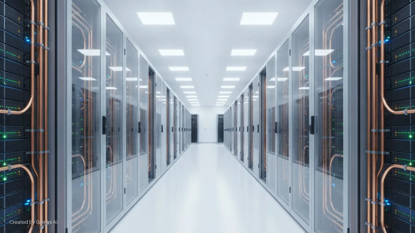 Brightly lit data center corridor with symmetrical rows of server racks featuring copper piping, numerous green and blue indicator lights, and square white ceiling lights.