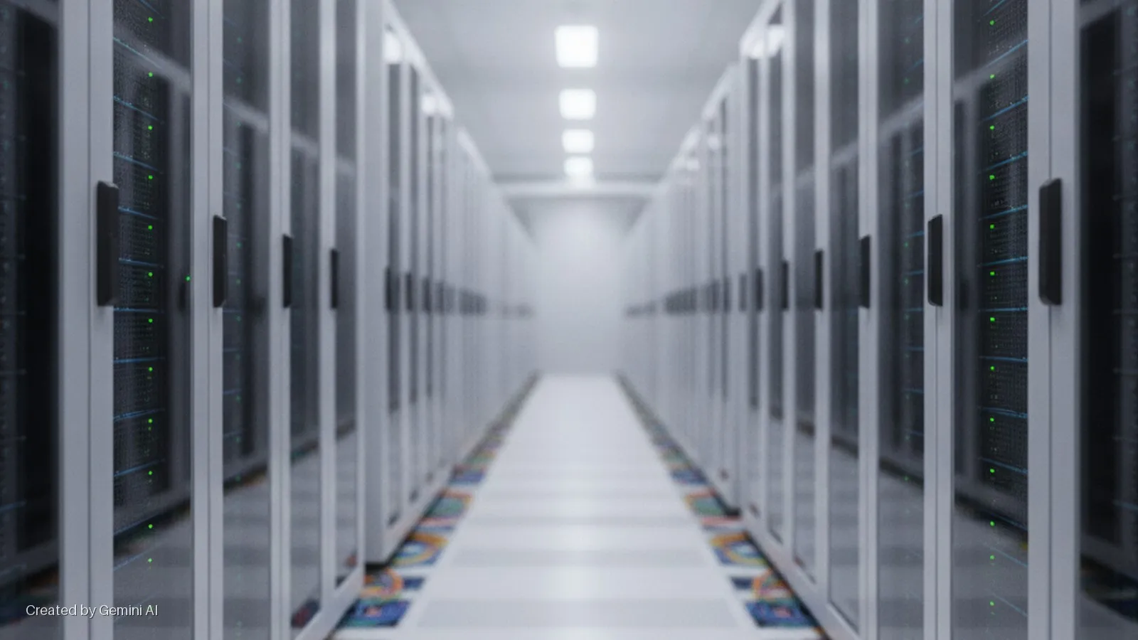 A long, brightly lit aisle in a data center is lined with rows of white server racks displaying green indicator lights on both sides, with colorful patterned floor tiles at the base of the racks.