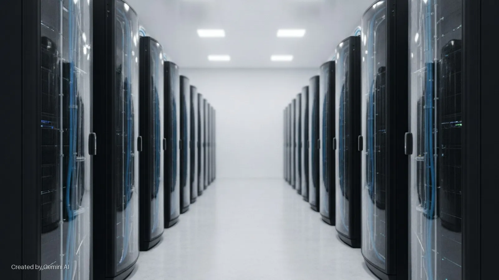 A brightly lit data center aisle is lined with black server racks featuring clear doors revealing blue cables and glowing indicators, illuminated by square ceiling lights.