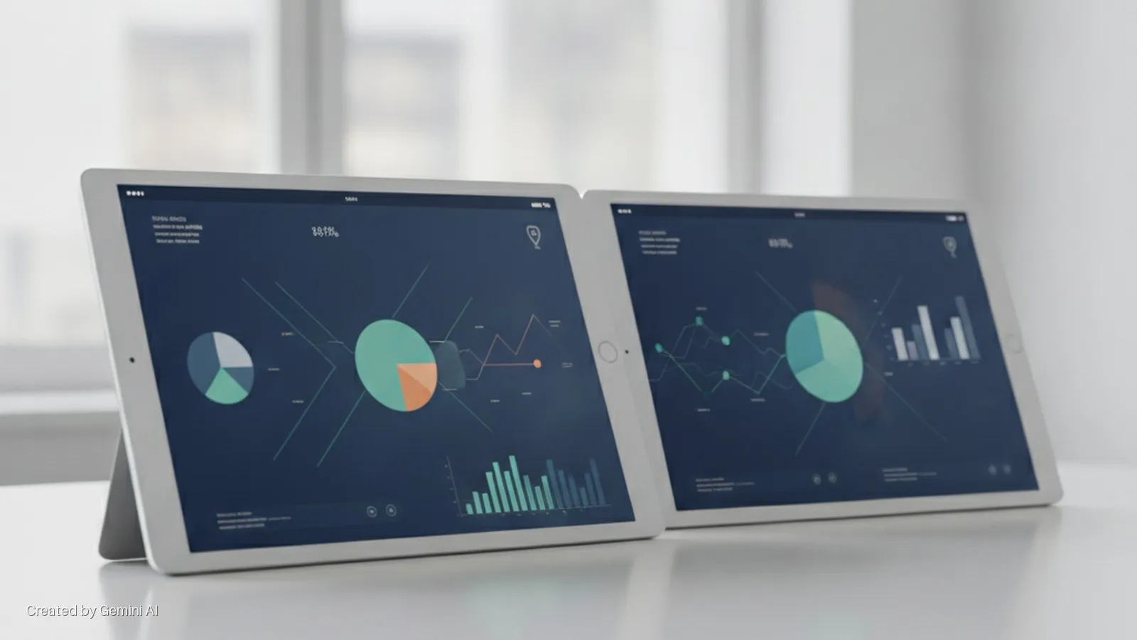 Two white tablets displaying data visualizations with charts and graphs are placed on a white table in a brightly lit indoor setting.