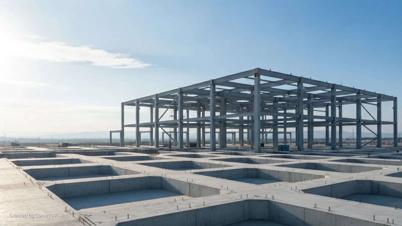 A steel building frame rises from a vast concrete foundation featuring a grid of recessed rectangular sections on a sunny construction site under a blue sky.