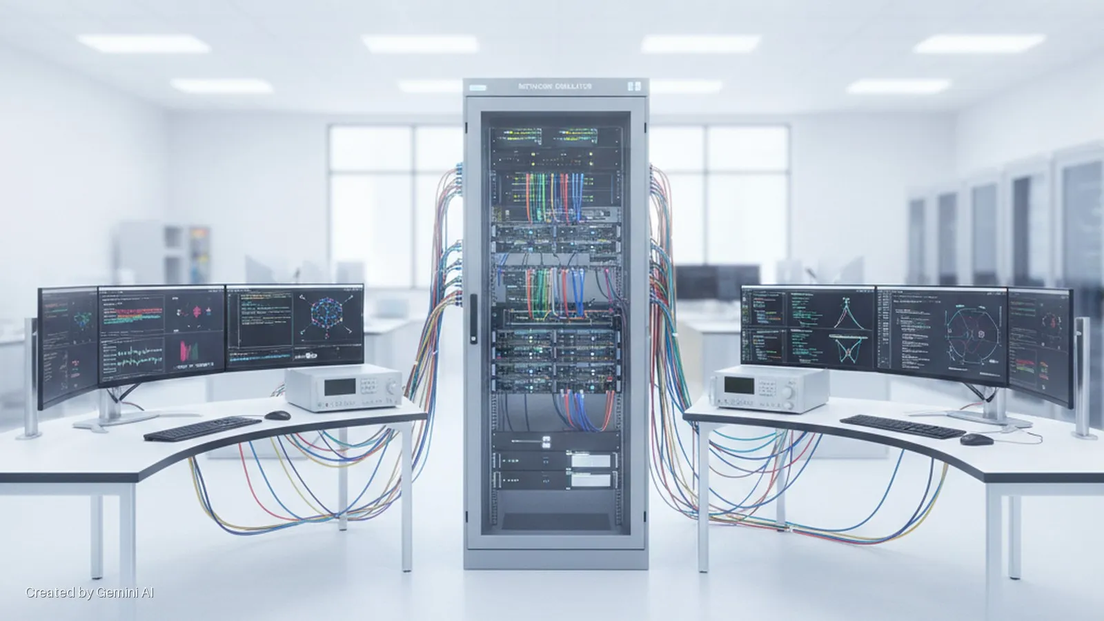 A brightly lit, modern network lab features a central server rack labeled "NETWORK SIMULATOR" connected by numerous colorful cables to two curved desks, each with three monitors displaying network data, a keyboard, mouse, and a measurement 