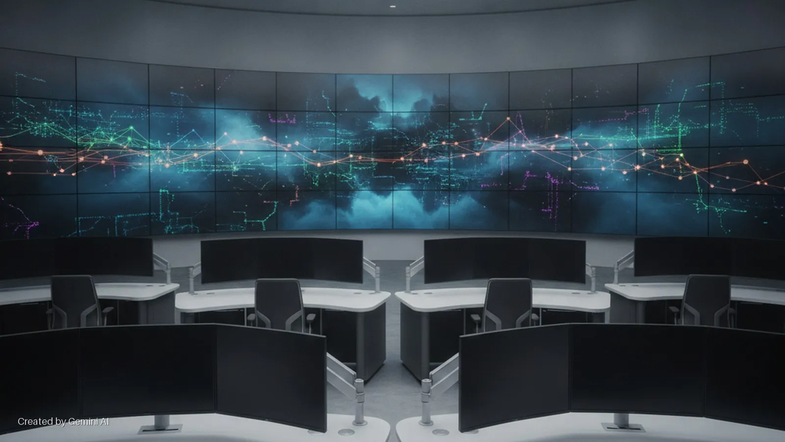 Dimly lit modern control room with a large curved video wall displaying a glowing network graph, surrounded by multiple workstations featuring white desks and black computer monitors.