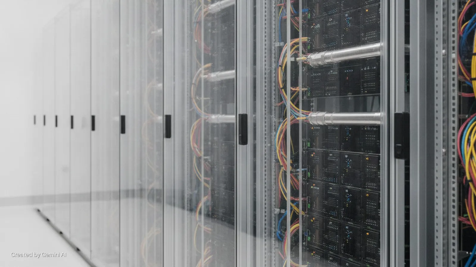 A brightly lit data center displays a row of server racks with clear doors, revealing colorful cables, black server blades, and silver cooling pipes within.