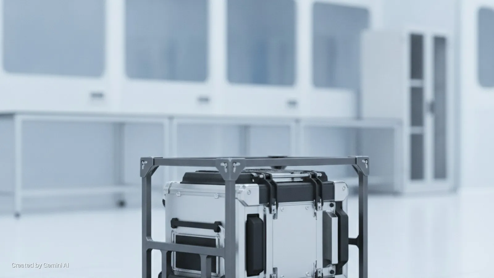 A silver and black rugged case rests within a dark grey metal frame in a bright, clean laboratory featuring white lab benches and cabinets.