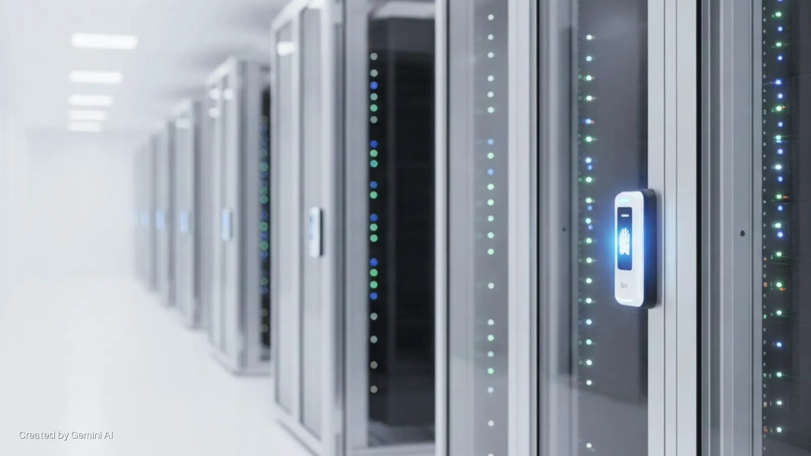 A brightly lit data center aisle features rows of server racks with blinking blue and green LEDs, and a glowing biometric access control device on a rack in the foreground.