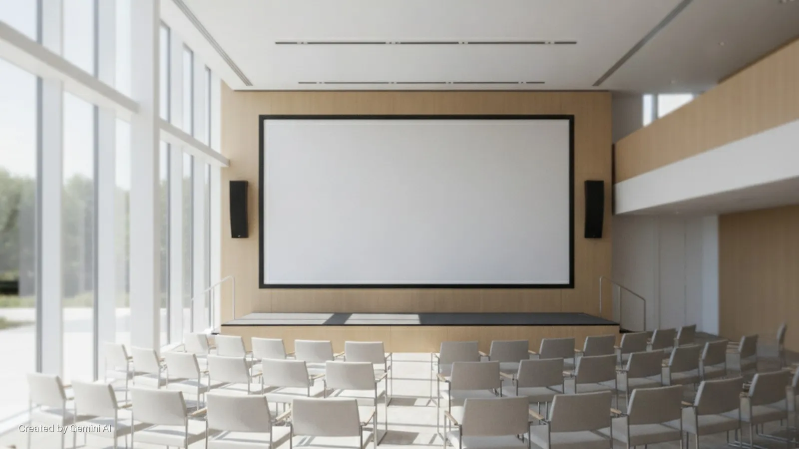 A brightly lit modern auditorium features a large blank screen centered on a wooden wall above a stage, flanked by speakers, with rows of empty white chairs, tall windows on the left, and a balcony on the right.