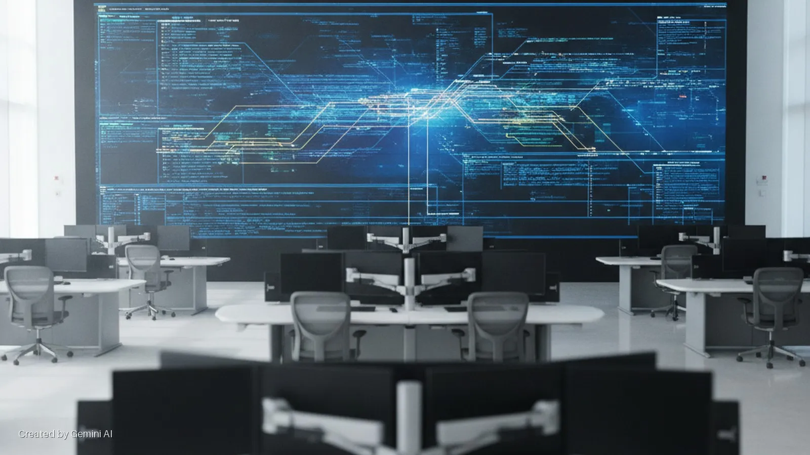 An empty, brightly lit modern IT control room features rows of desks with multiple computer monitors facing a large digital wall display showing glowing blue code and network connections.