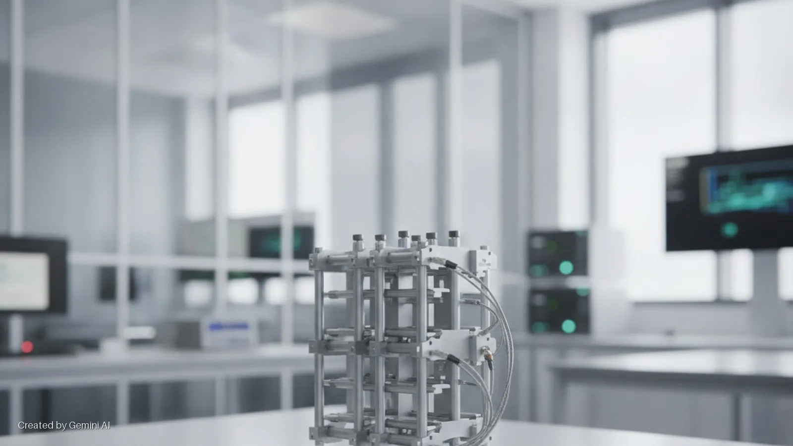 A brightly lit, modular scientific apparatus with numerous tubes and cables rests on a white table in a modern laboratory with blurred computer monitors and equipment in the background.