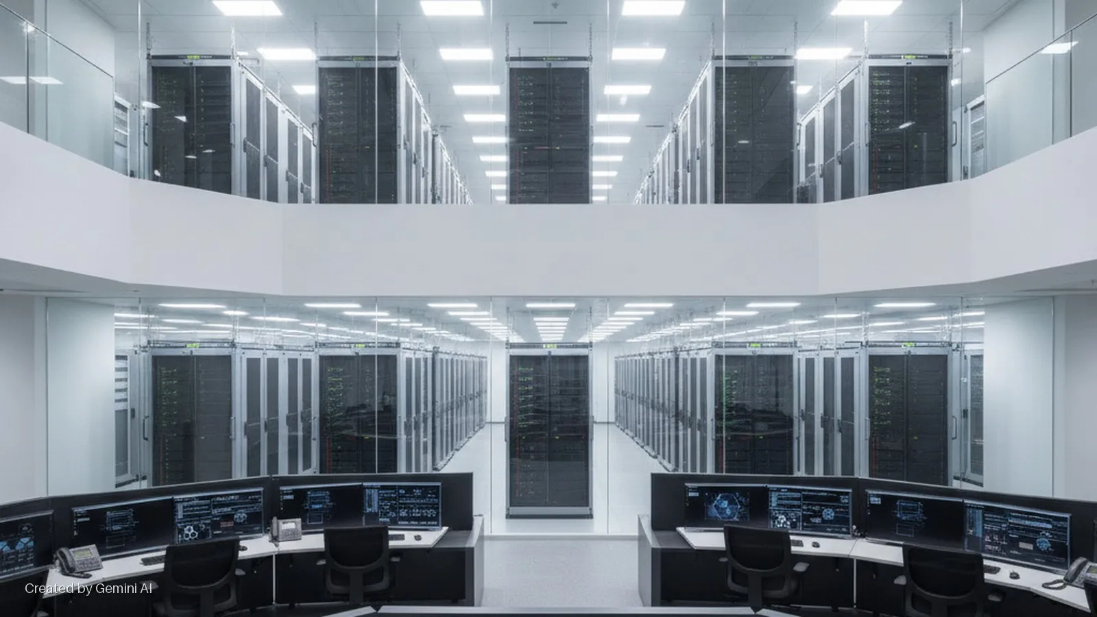 A bright two-story data center with rows of server racks visible through glass walls, overlooked by a control room featuring multiple desks with computer monitors and telephones.