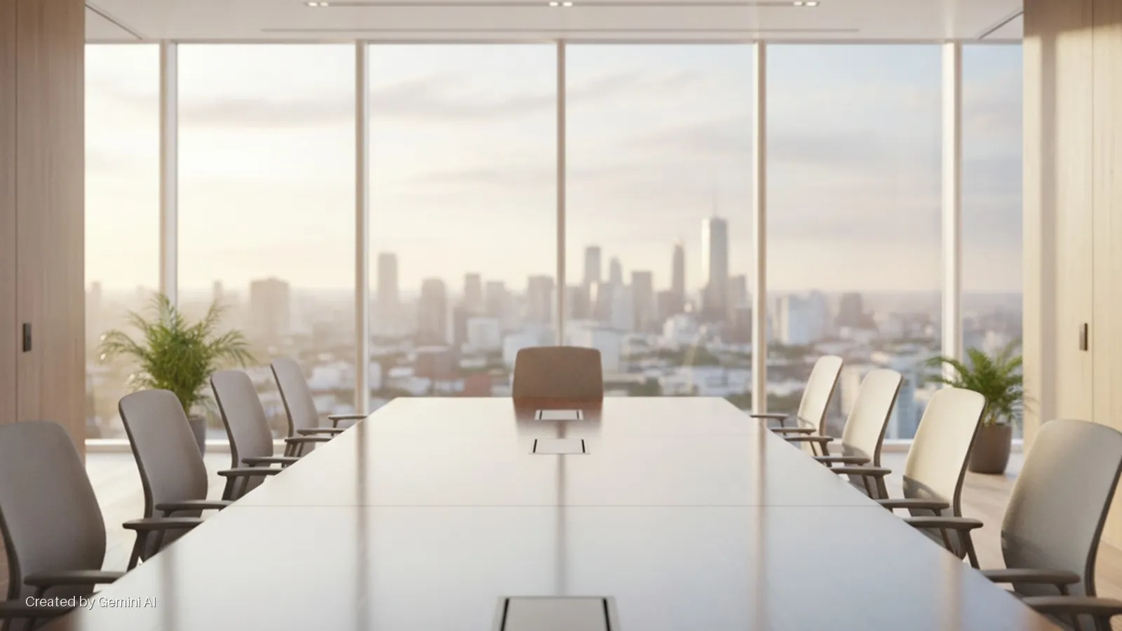 A modern conference room features a long wooden table with multiple office chairs, light-colored walls, and large windows revealing a soft-lit, blurred city skyline with potted plants.