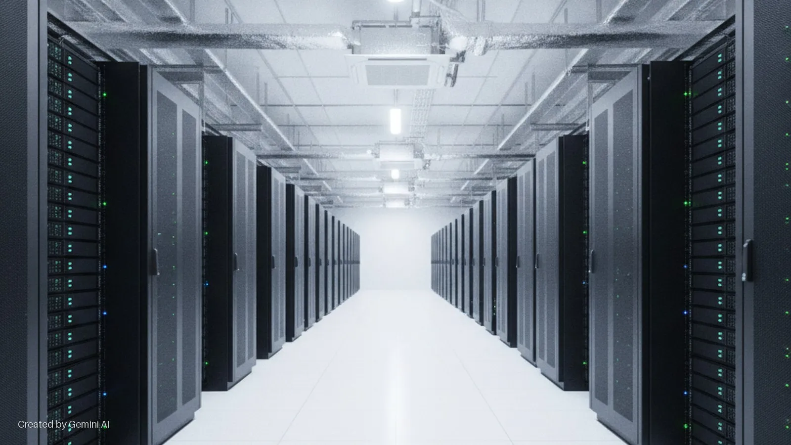 A brightly lit data center aisle extends into the distance, lined on both sides with black server racks displaying green and blue indicator lights, with overhead fluorescent lighting and exposed ventilation ducts.