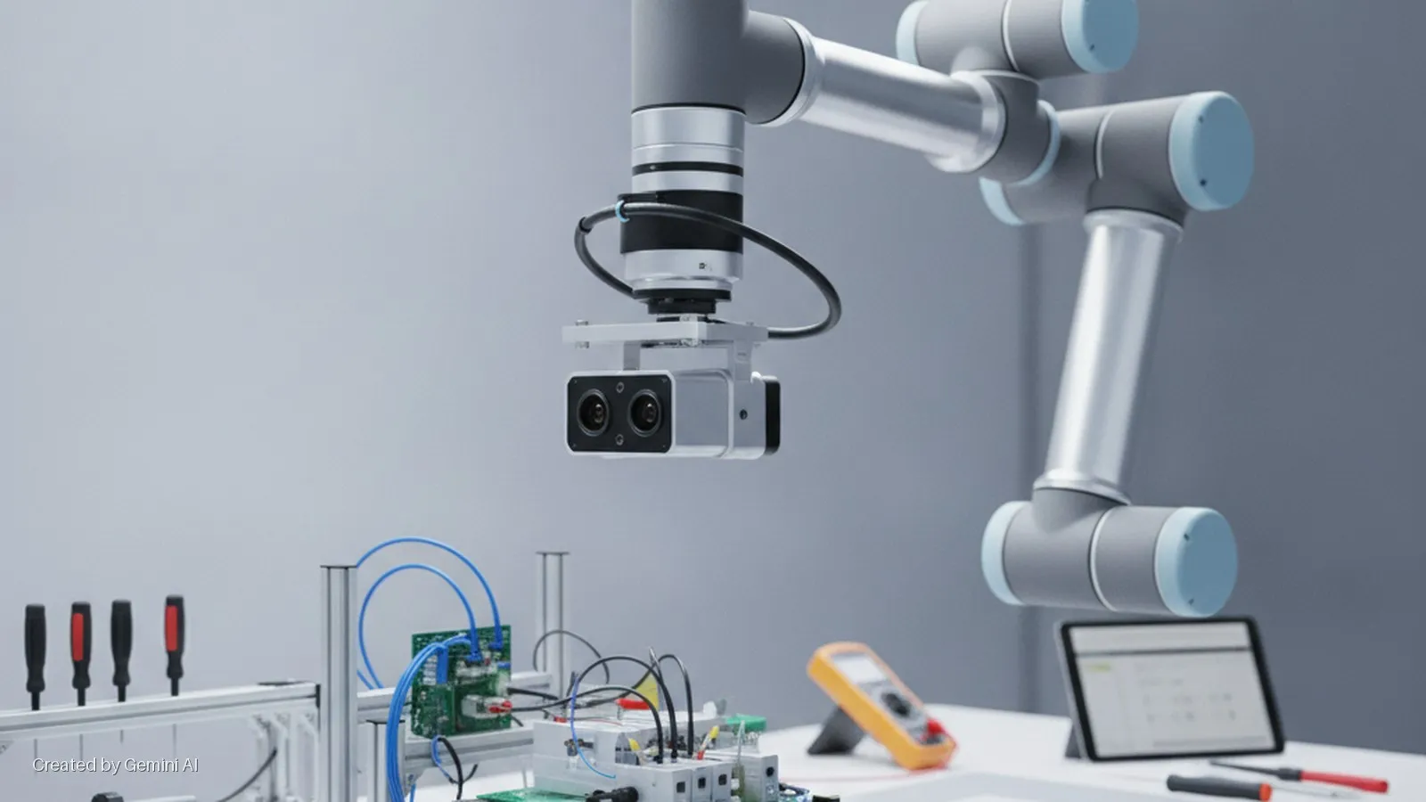 A robotic arm with an attached stereo camera is positioned above a lab workbench holding circuit boards, screwdrivers, a multimeter, and a tablet, all under bright, even lighting.