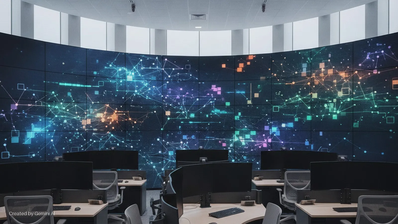 A brightly lit control room features a large, curved video wall displaying a vibrant digital network graphic, with multiple computer workstations and chairs arranged in rows.