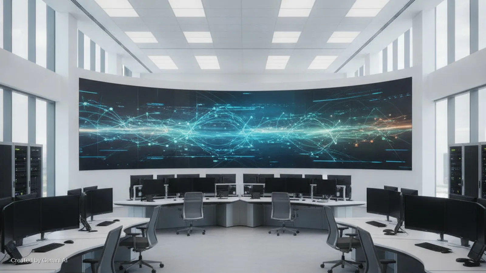 A brightly lit, modern control room features a large curved screen displaying a network graphic, multiple workstations with black monitors and chairs, and server racks on either side, with natural light entering through tall windows and ove