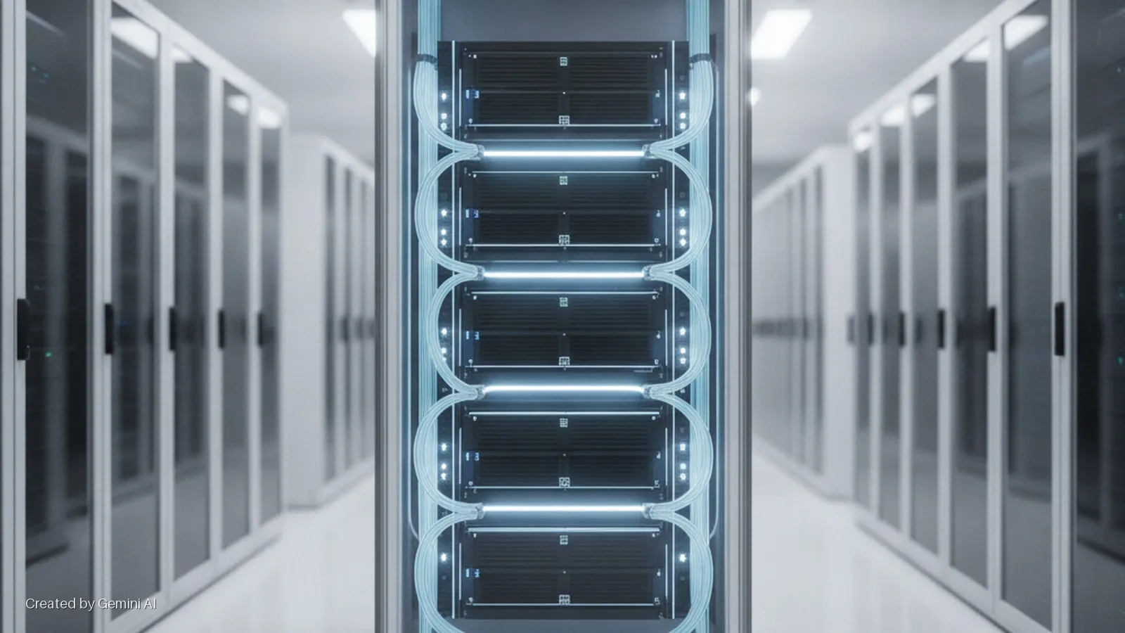 A brightly lit data center aisle features a central server rack with glowing blue cables connecting multiple servers, flanked by rows of other server racks.