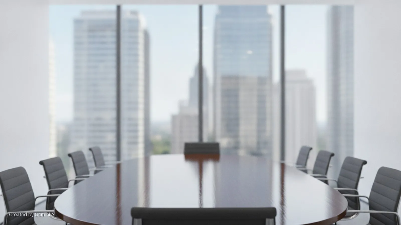 A modern conference room features a long, oval, dark wood table surrounded by dark grey office chairs, with a bright city skyline visible through large windows in the blurred background.