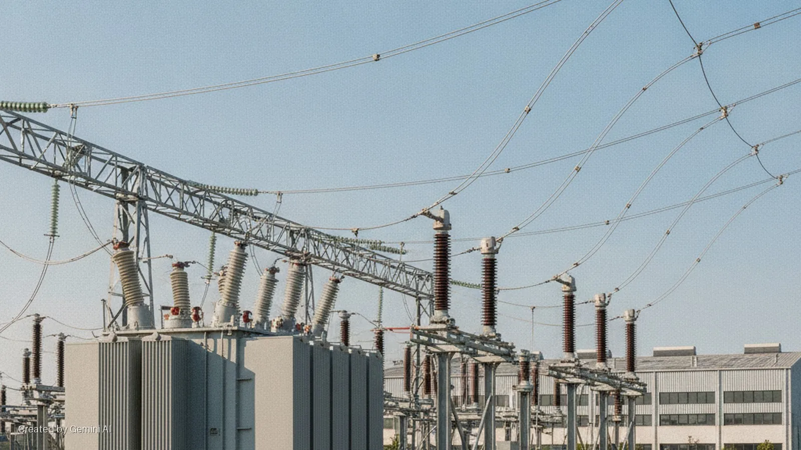 An electrical substation features large grey transformers, complex overhead power lines supported by metal structures and insulators, and industrial buildings in the background under a clear blue daytime sky.