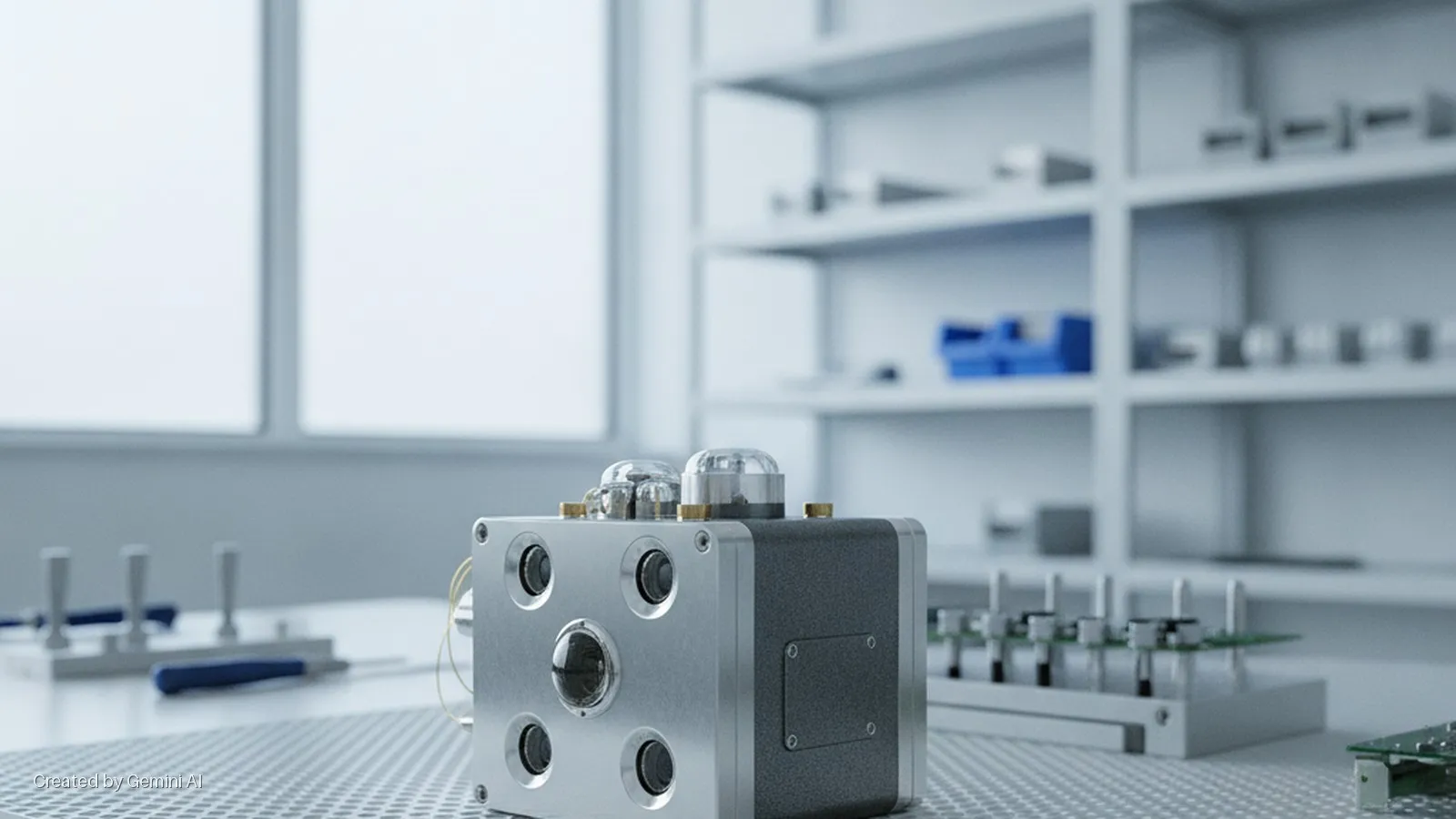 A silver and black cuboid device with multiple optical sensors and clear domed components rests on a perforated workbench in a brightly lit laboratory, with blurred windows and organized shelves of tools and electronic parts in the backgrou