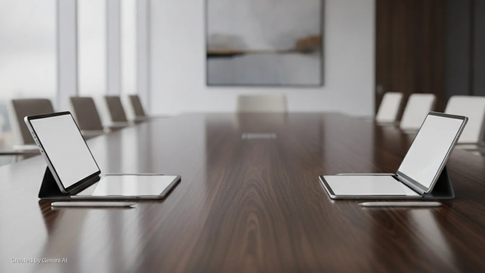 Two open tablets with styluses rest on a dark wooden conference table in a brightly lit modern meeting room with chairs, large windows, and an abstract painting in the background.