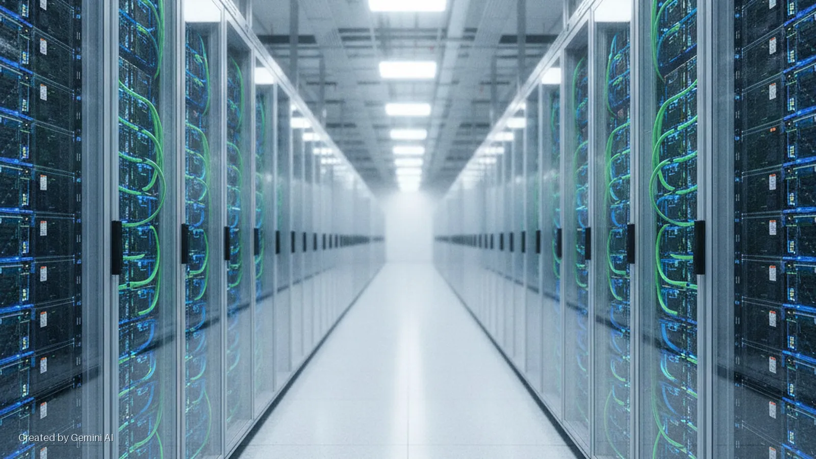 A brightly lit data center hallway stretches into the distance, lined on both sides by server racks displaying blue-lit components and vibrant green cables.