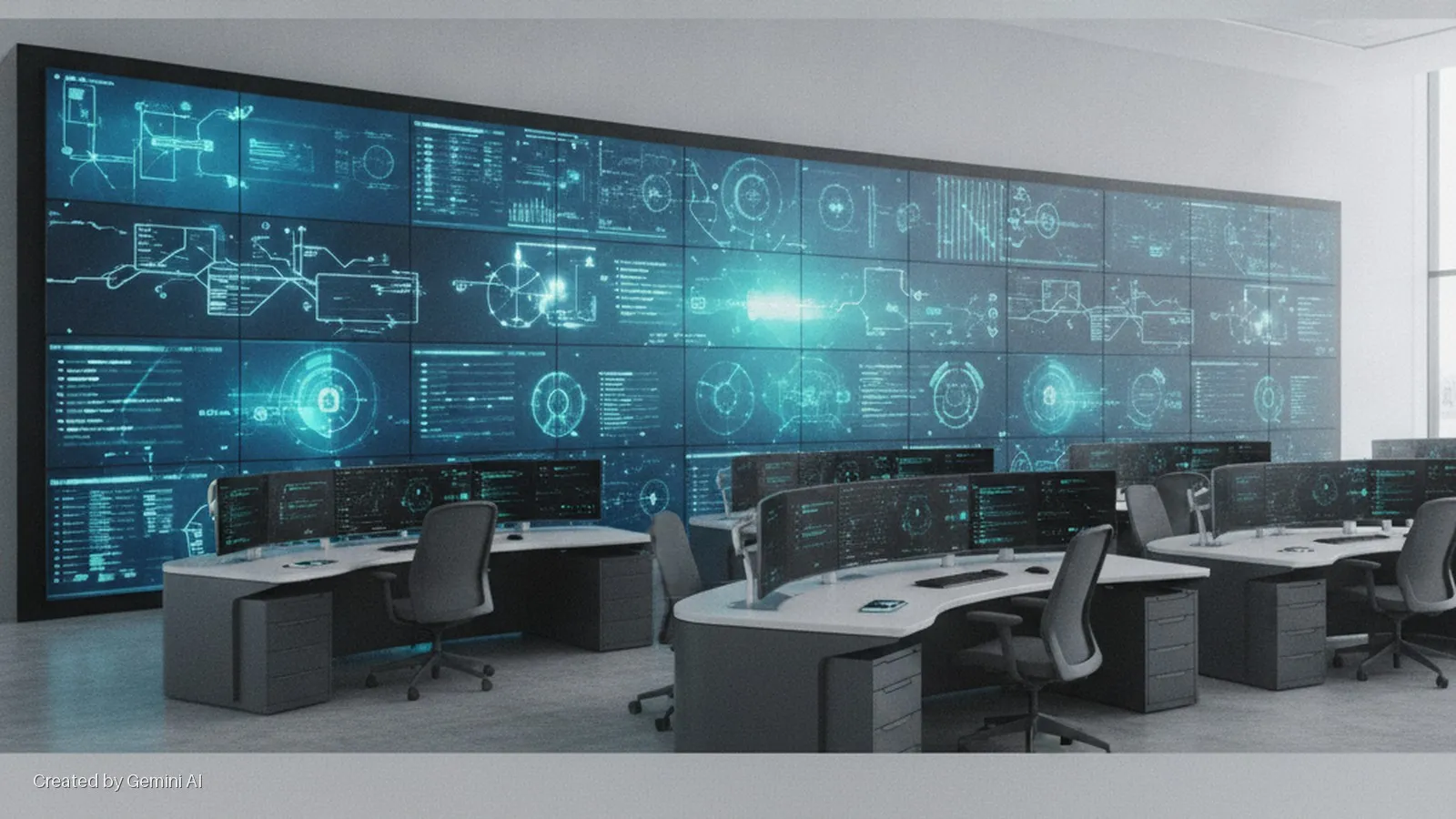 Brightly lit modern control room featuring a large wall of glowing blue digital screens displaying complex data, with multiple workstations and office chairs in the foreground.