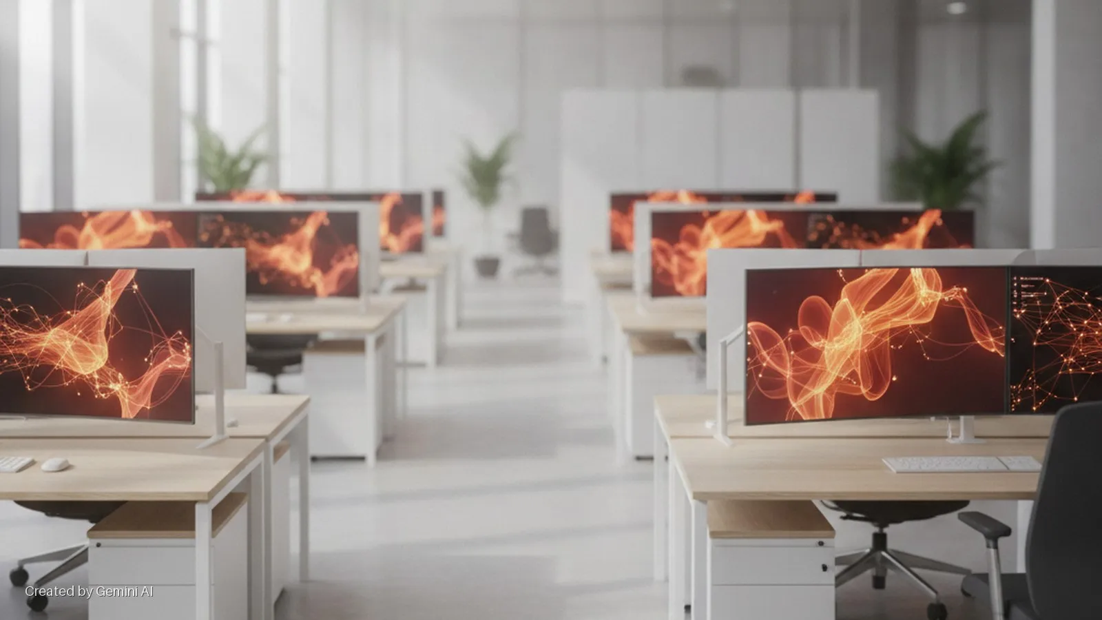 Brightly lit modern open-plan office with rows of light wood desks, white chairs, and numerous curved computer monitors displaying glowing orange abstract graphics.