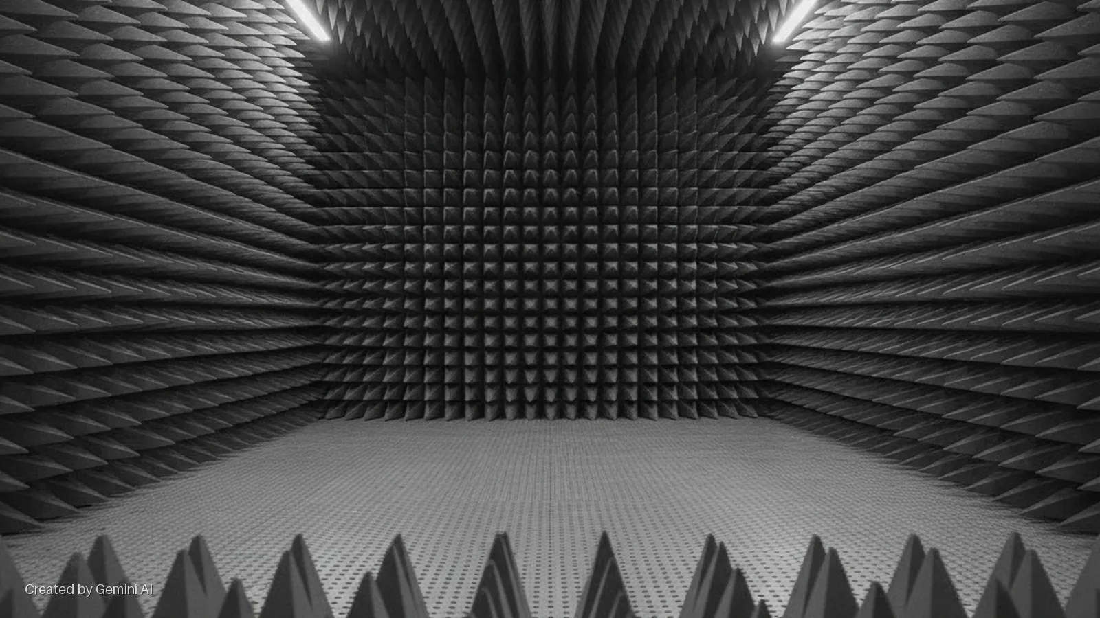 An anechoic chamber featuring dark pyramidal foam wedges covering the walls and ceiling, a light gray perforated metal floor, and bright overhead linear lights.