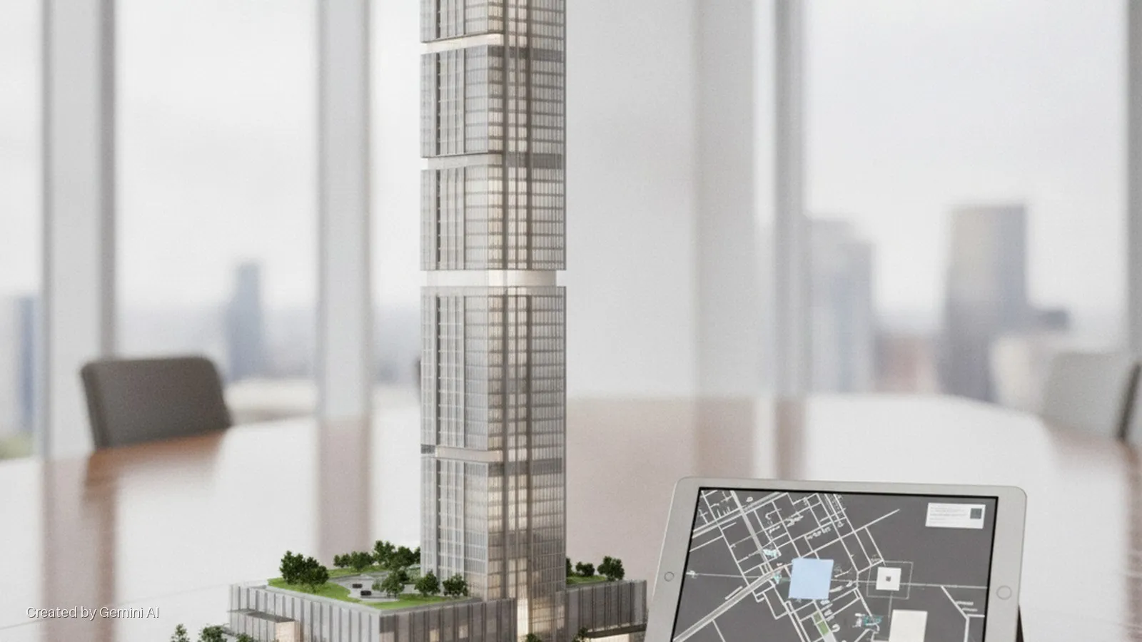 A model of a skyscraper with green spaces, a tablet showing a map, and a dark office chair are on a wooden conference table in a brightly lit office with a city view.