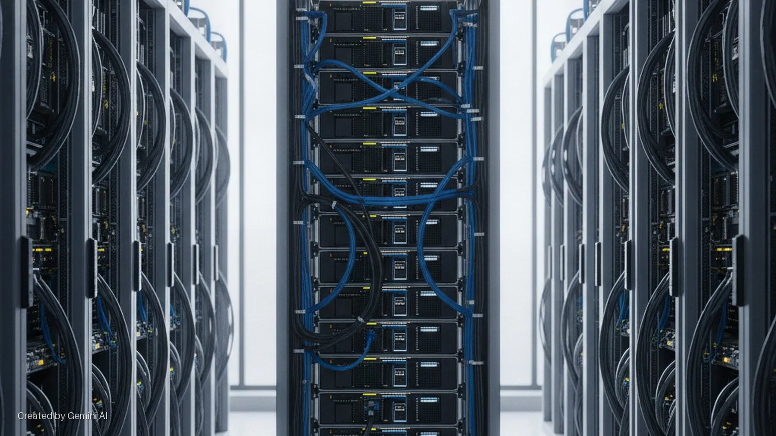 A brightly lit data center aisle with multiple server racks, the central rack featuring organized blue and black network cables.