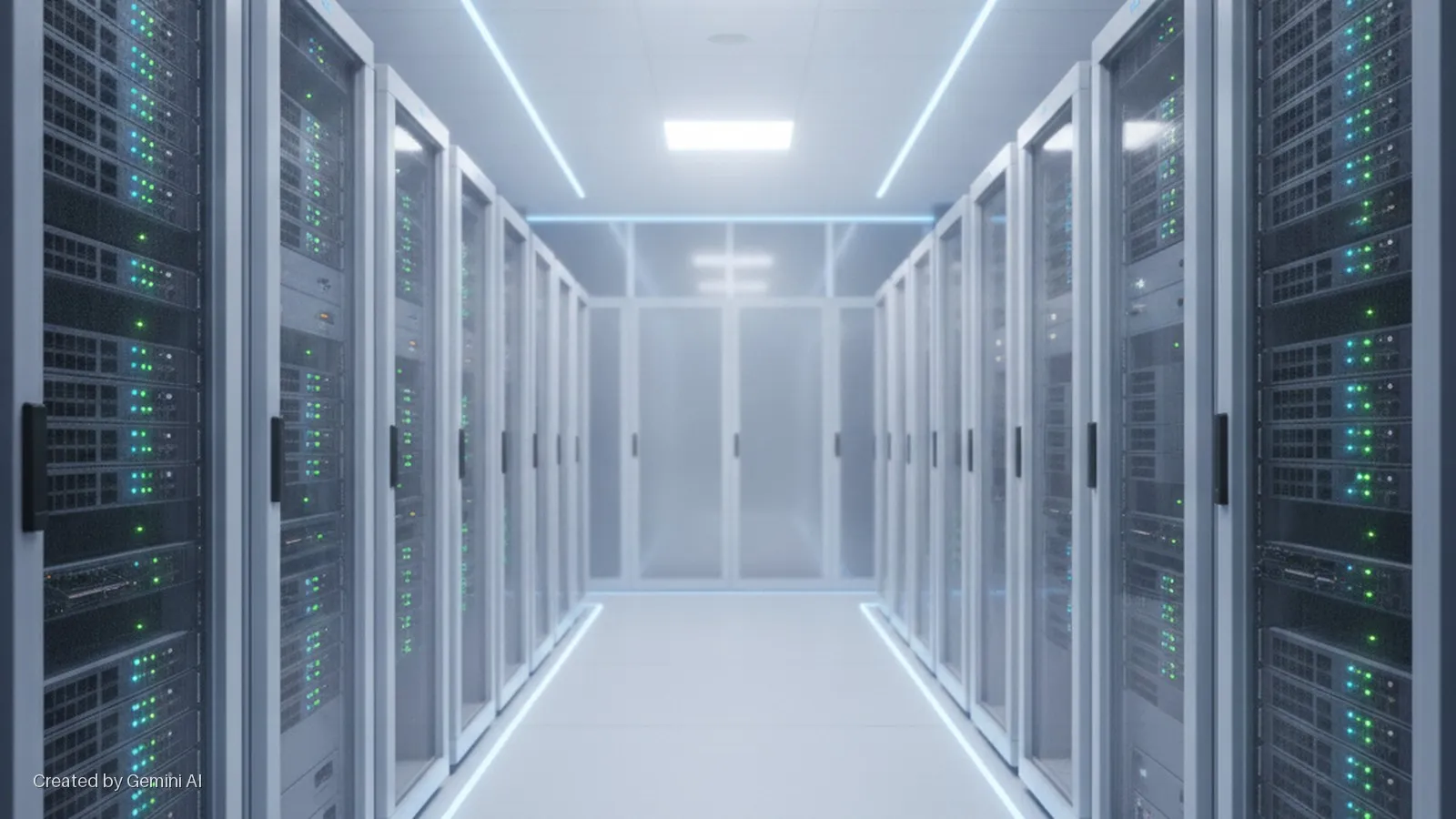A brightly lit data center corridor is lined with rows of server racks displaying blinking green and blue lights, illuminated by overhead white panels and blue LED strips along the floor and ceiling.