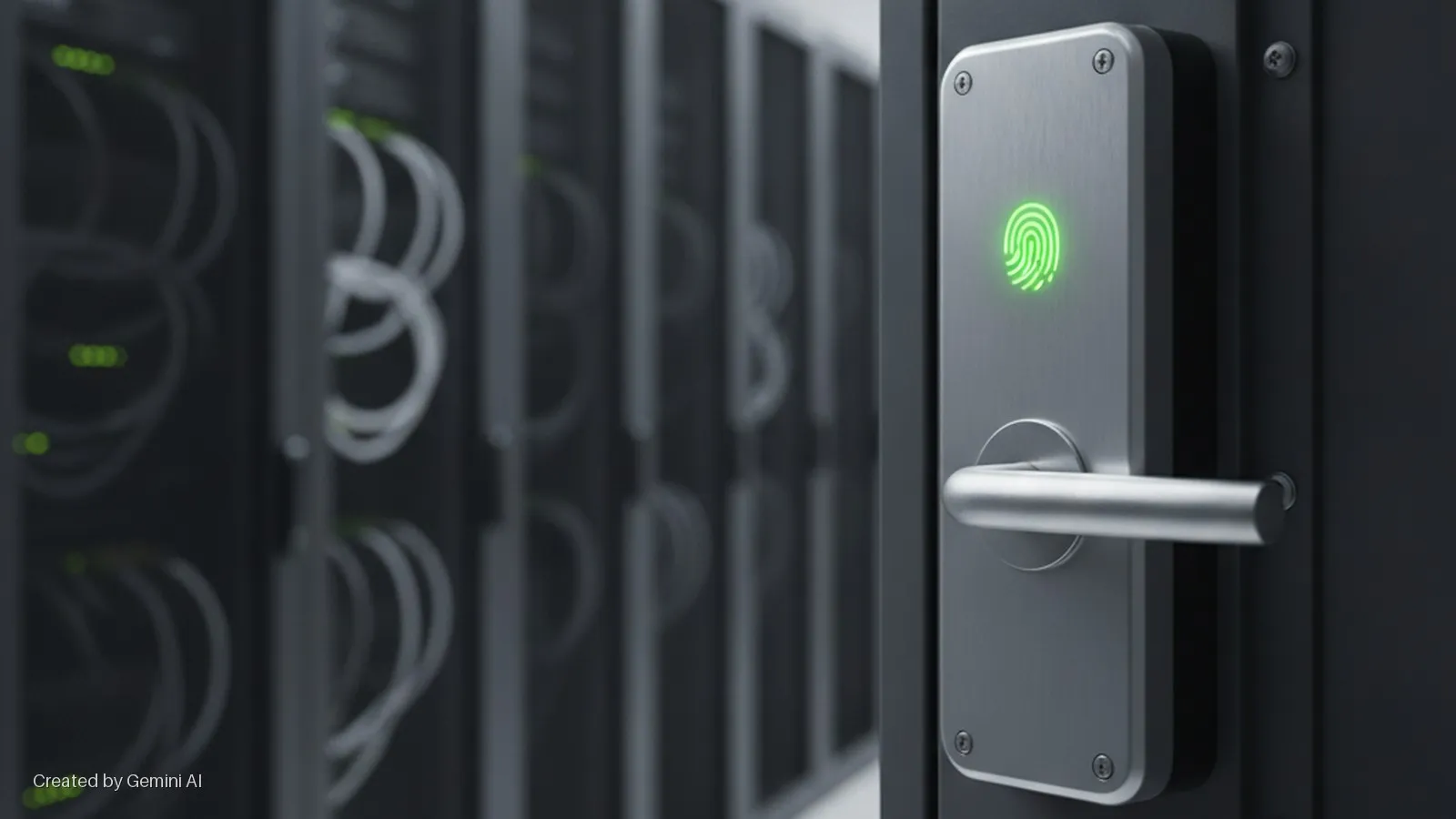 A close-up of a metal door handle with a glowing green fingerprint reader securing a door, set against a blurred background of server racks with green indicator lights and white cables in a data center.