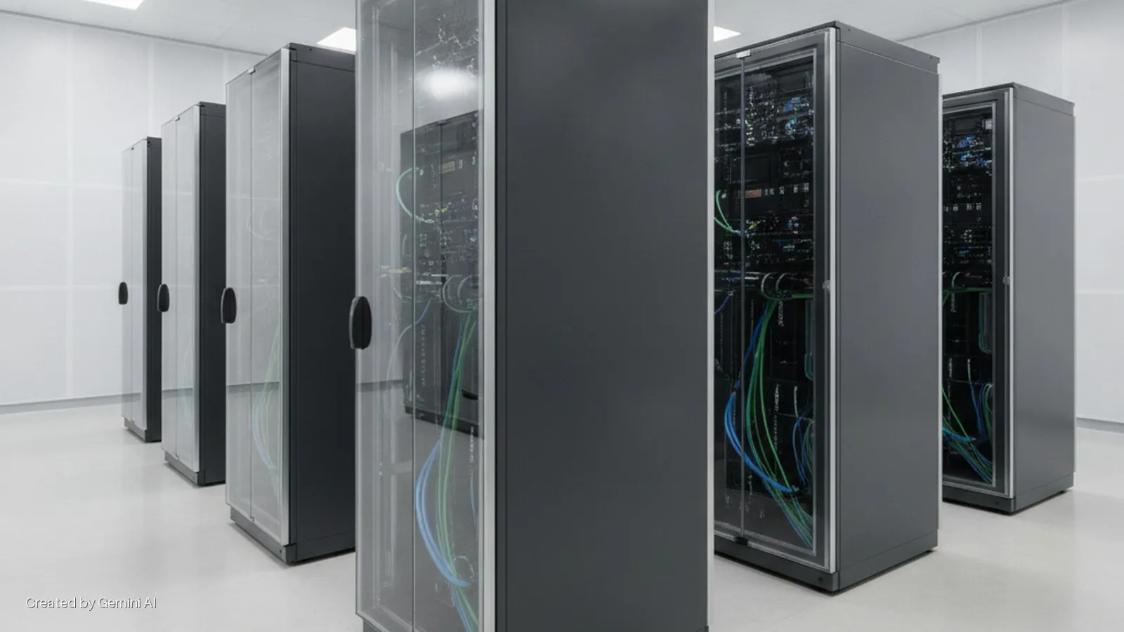 A brightly lit data center features a row of grey server racks with glass doors, revealing servers and blue and green network cables inside.