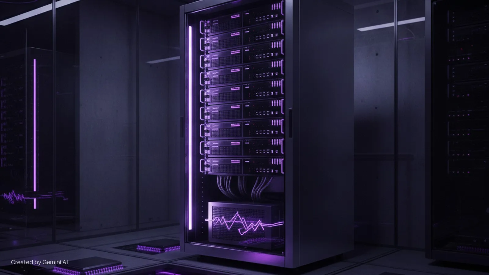 A dark data center features a large server rack with glowing purple lights, surrounded by glass panels and illuminated integrated circuits on the floor.