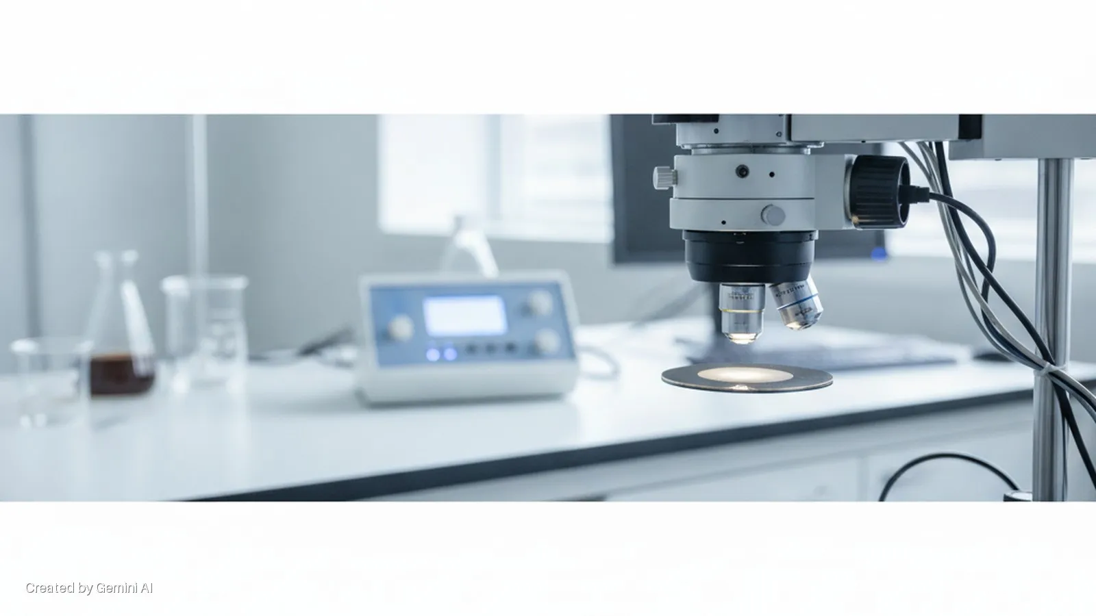 A brightly lit laboratory features a microscope with an illuminated stage and objective lenses on a white bench, alongside blurred beakers and a control panel in the background.