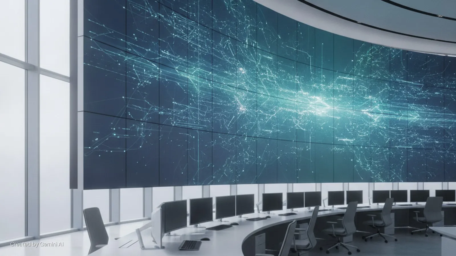 A modern control room features a large, curved video wall displaying an abstract blue data visualization, a curved row of computer workstations, and tall windows, illuminated by the screen's glow and ambient light.