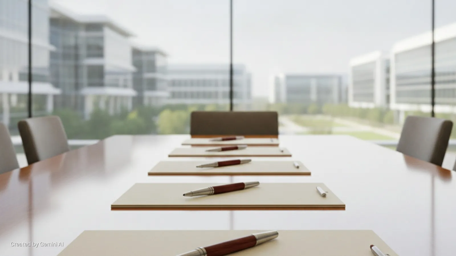 A modern conference room, bathed in natural light, features a polished wooden table set with pens and notepads, surrounded by office chairs, and overlooks a blurred office park through a large window.