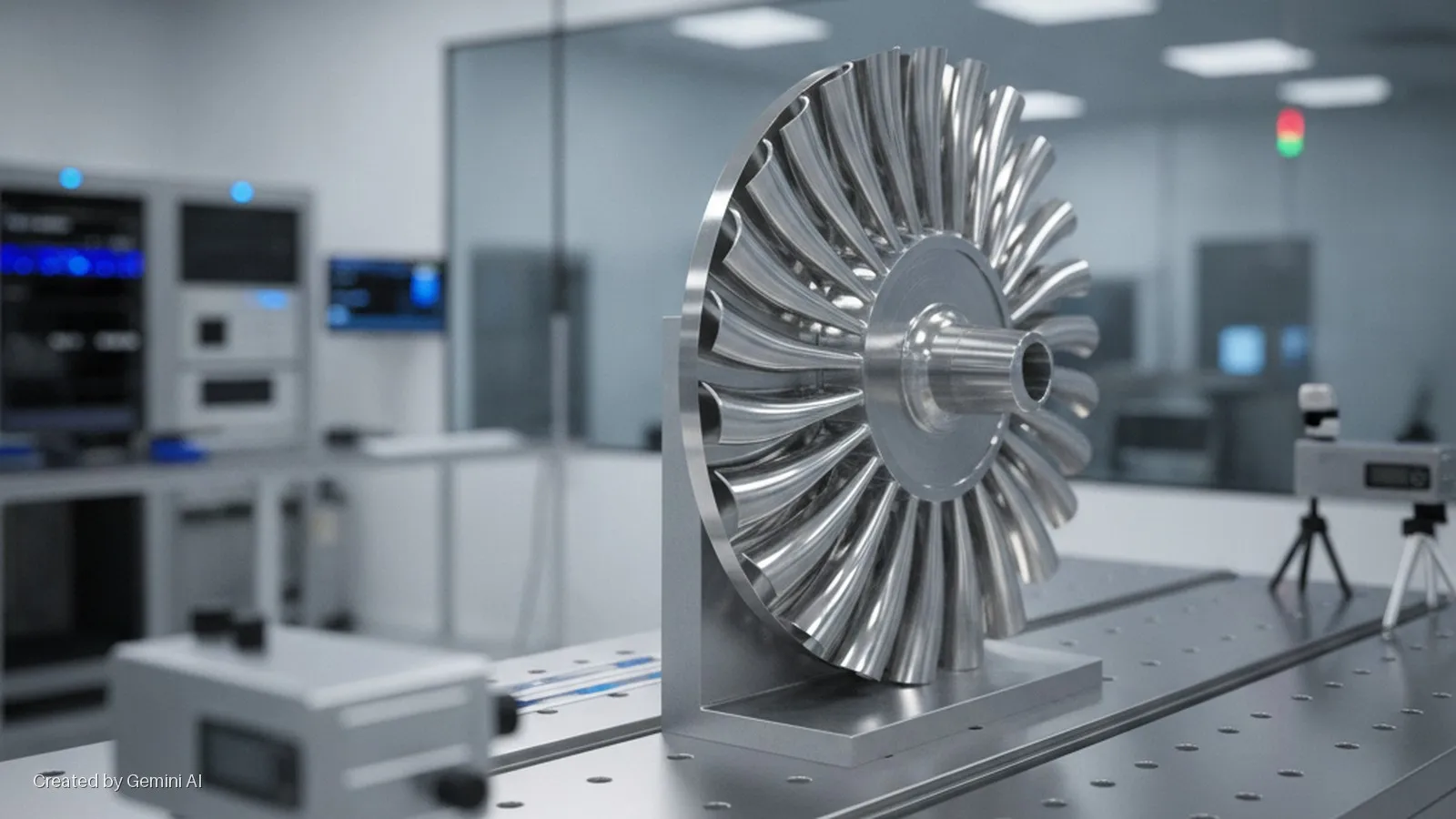 A polished metallic blisk is precisely mounted on a measurement table in a brightly lit engineering laboratory, surrounded by laser metrology instruments and electronic control systems.