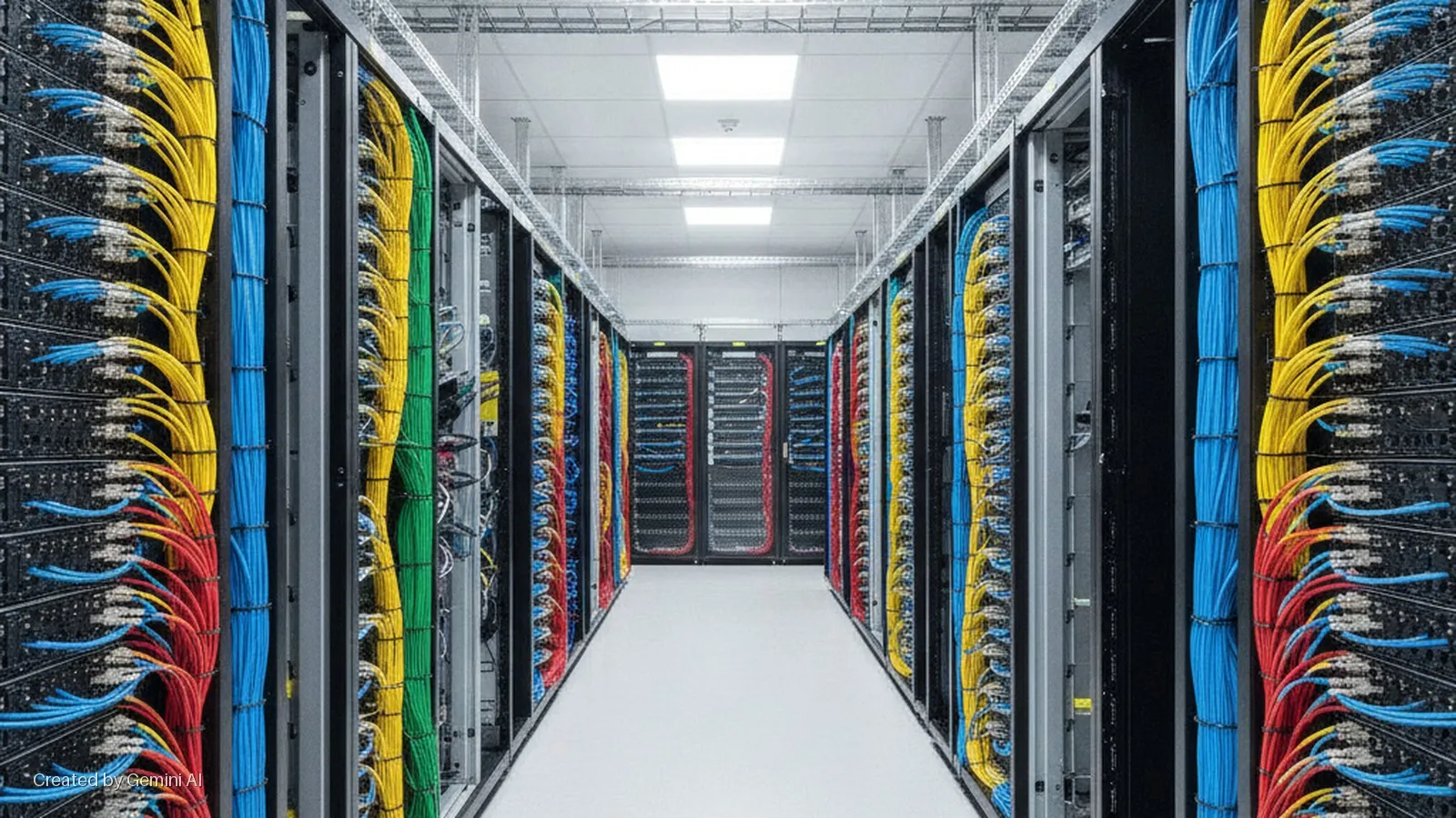 A long, brightly lit data center hallway features rows of black server racks on both sides, showcasing neatly bundled yellow, blue, red, and green network cables, illuminated by overhead ceiling lights and metal cable trays.