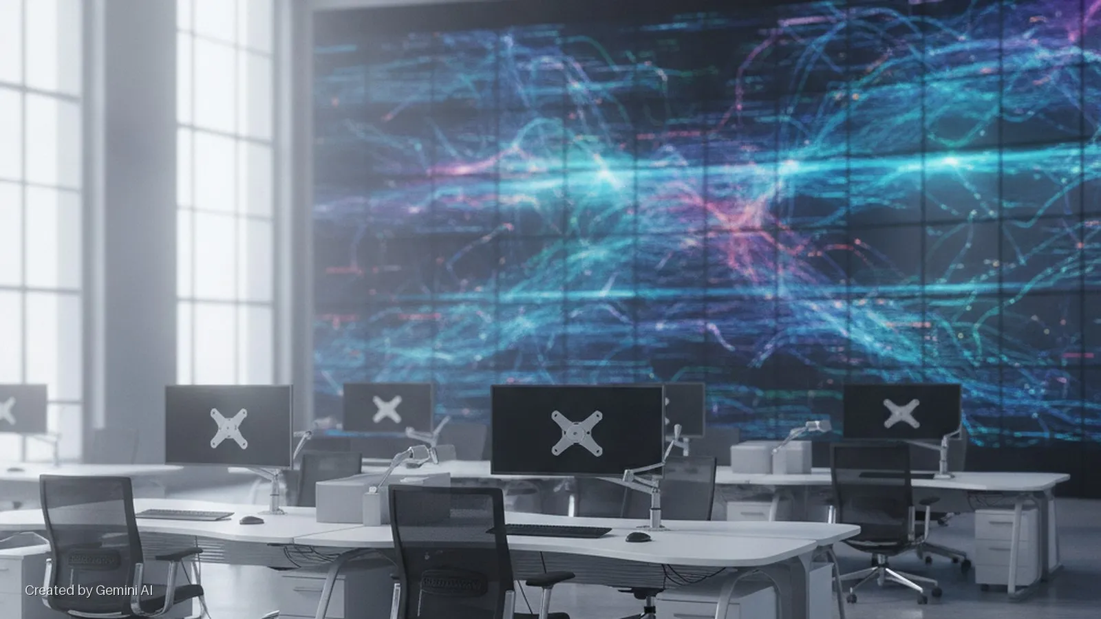 A brightly lit modern open-plan office features rows of workstations with monitors, keyboards, and ergonomic chairs, facing a large display wall exhibiting an abstract blue and purple data visualization.