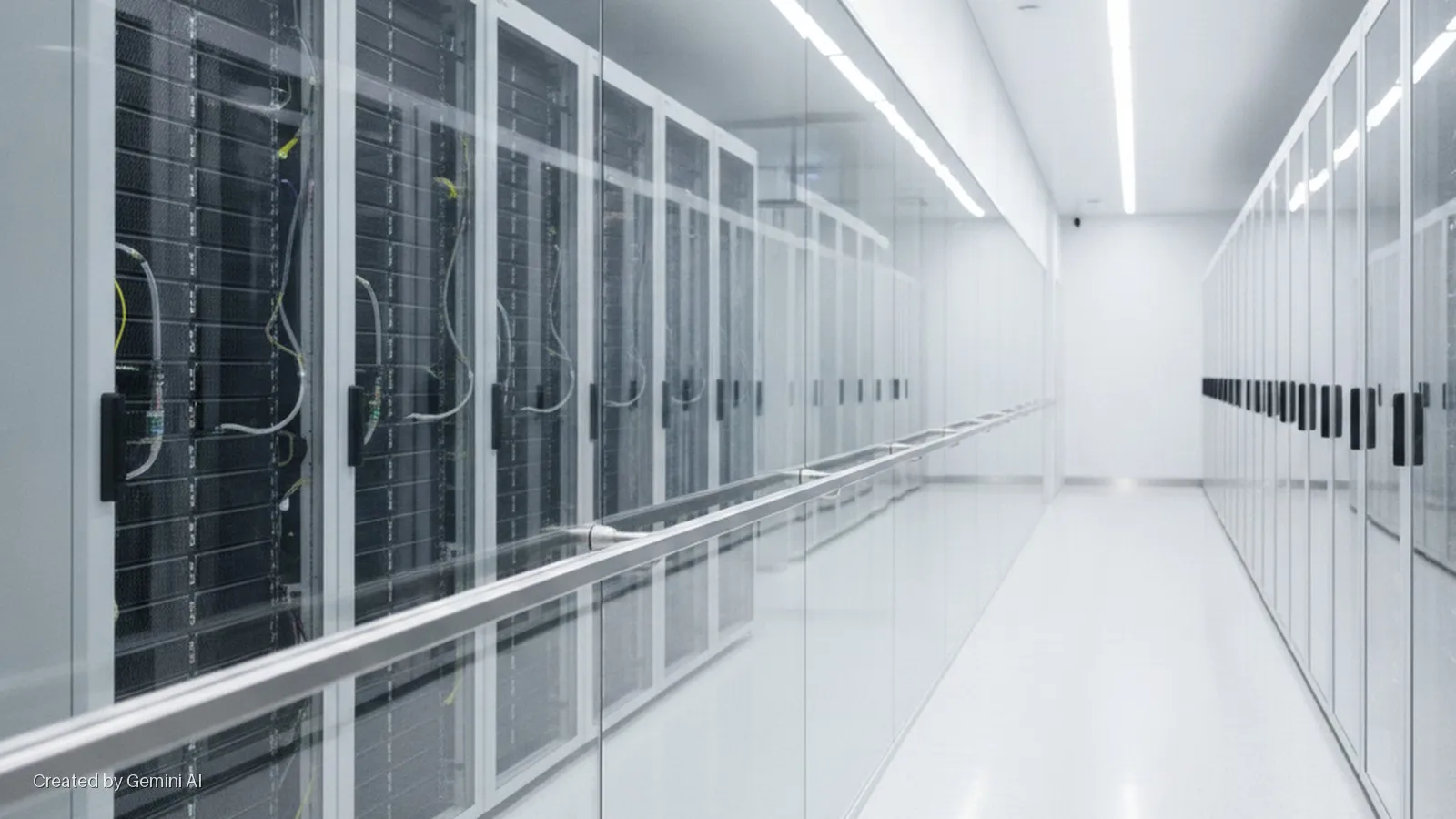 A brightly lit, modern data center hallway features server racks with visible cabling behind clear glass walls on the left and rows of server racks with black handles behind glass on the right, separated by a polished metal railing.