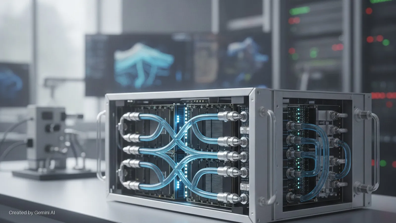 A liquid-cooled server component with glowing blue tubes is centered on a table in a brightly lit data center or lab, with blurred computer monitors and server racks in the background.