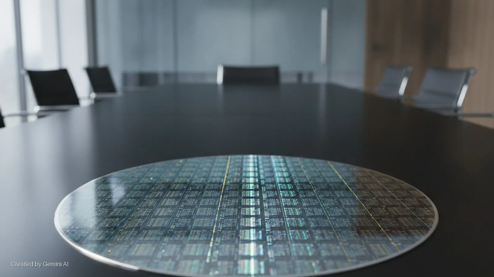 A silicon wafer displaying integrated circuit patterns lies on a dark conference table in a brightly lit conference room, with blurred office chairs and windows in the background.