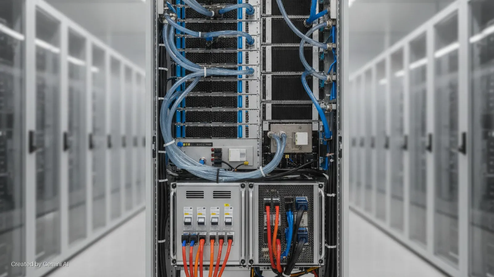 An open server rack in a data center aisle displays liquid cooling tubes, circuit breakers, and colorful network cables under bright lighting.