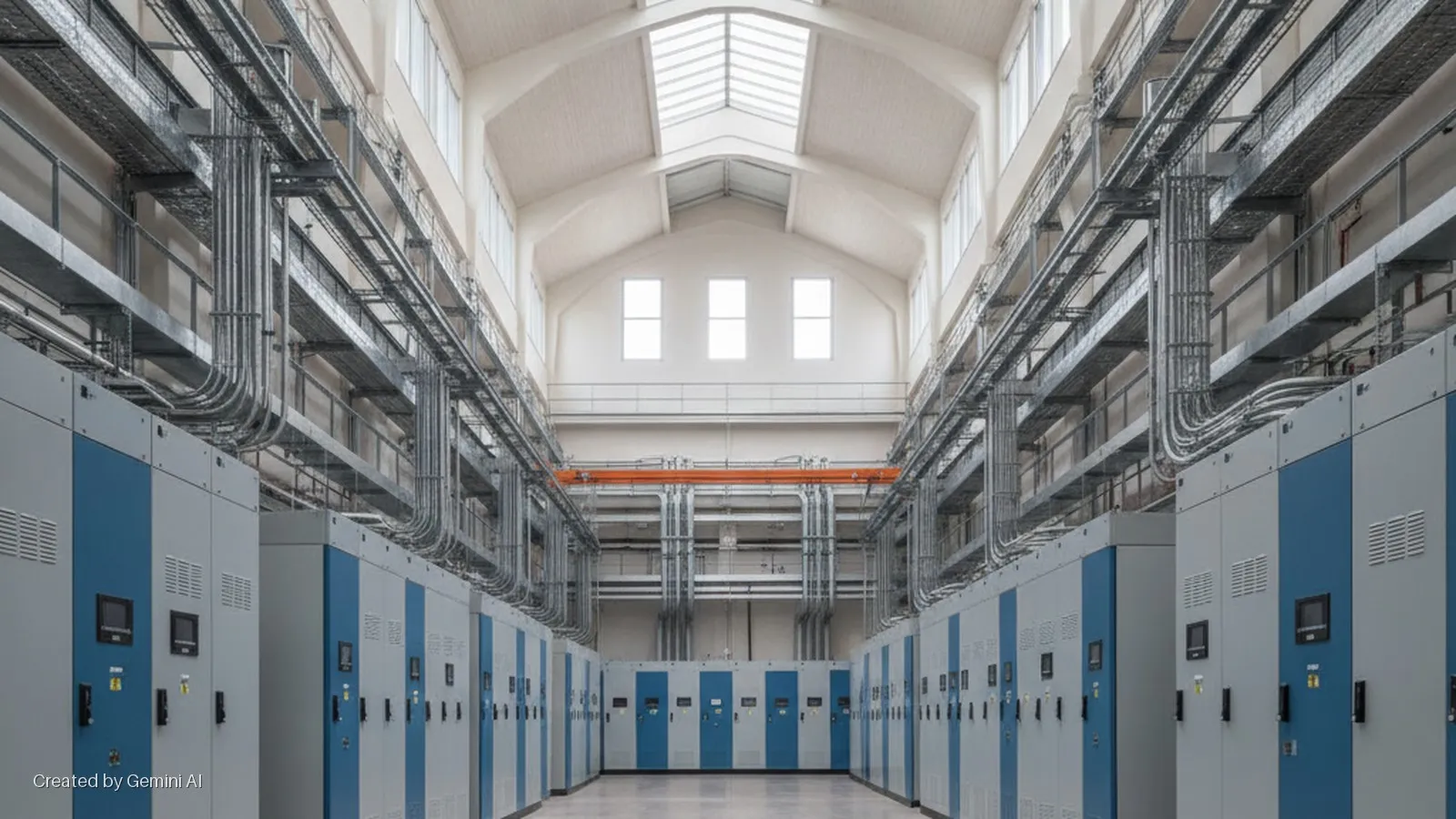 Brightly lit industrial hall with long rows of gray and blue electrical cabinets, overhead cable trays, conduits, and an orange crane beam, illuminated by skylights and upper windows.