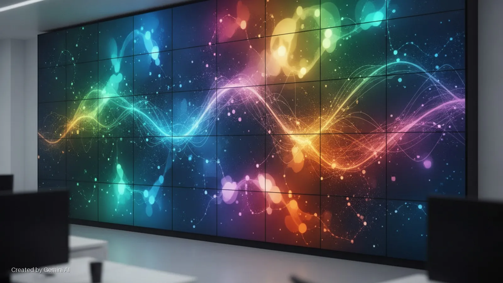 A large, multi-panel video wall displaying a vibrant, abstract light design illuminates a modern office with desks and computer monitors in the foreground.