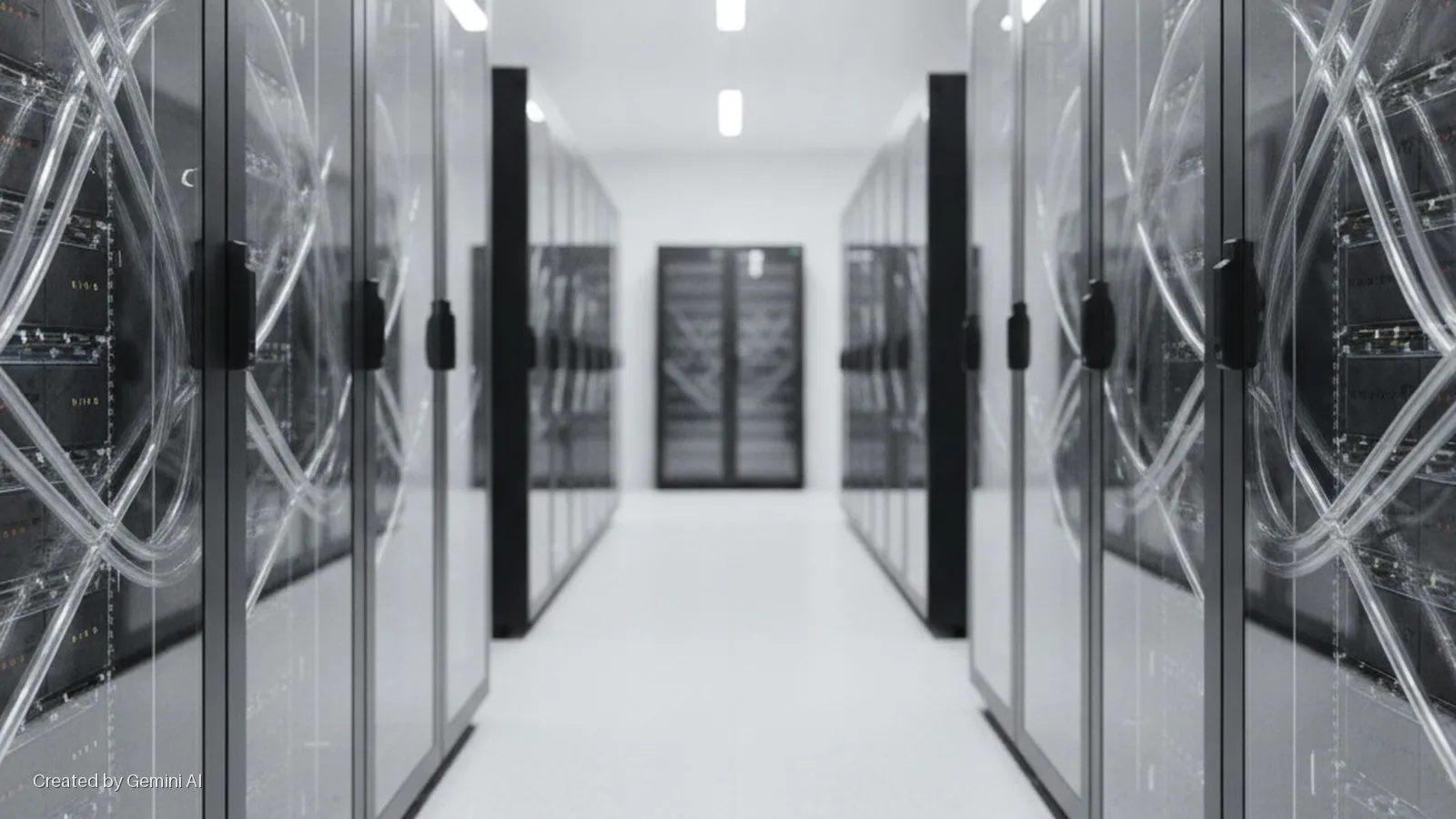 A brightly lit, clean data center aisle is lined with server racks featuring transparent doors that reveal internal components and clear intertwined tubing.