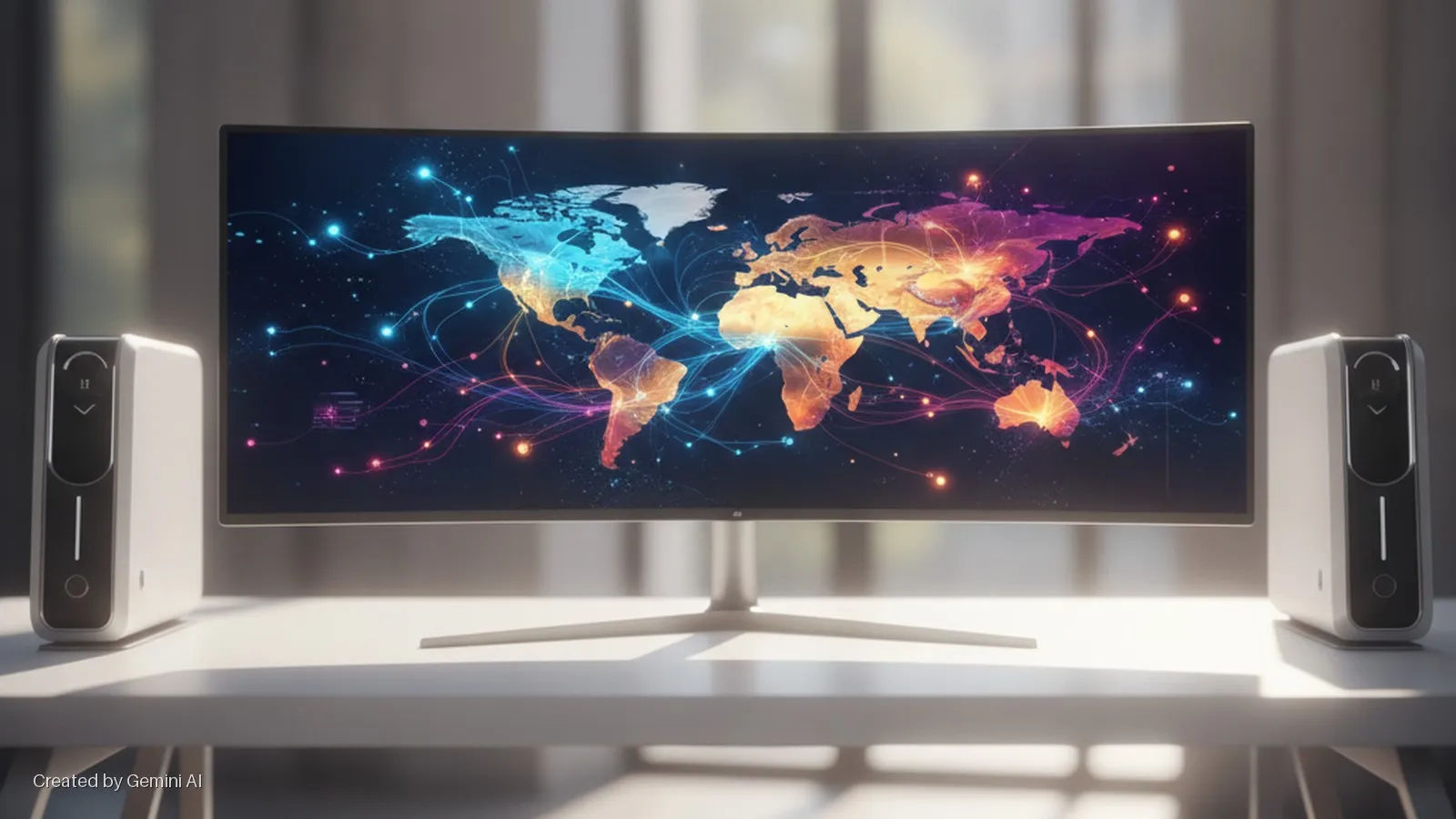 A curved monitor displays a vibrant digital network map of the world, flanked by two white mini PCs on a brightly lit white desk.