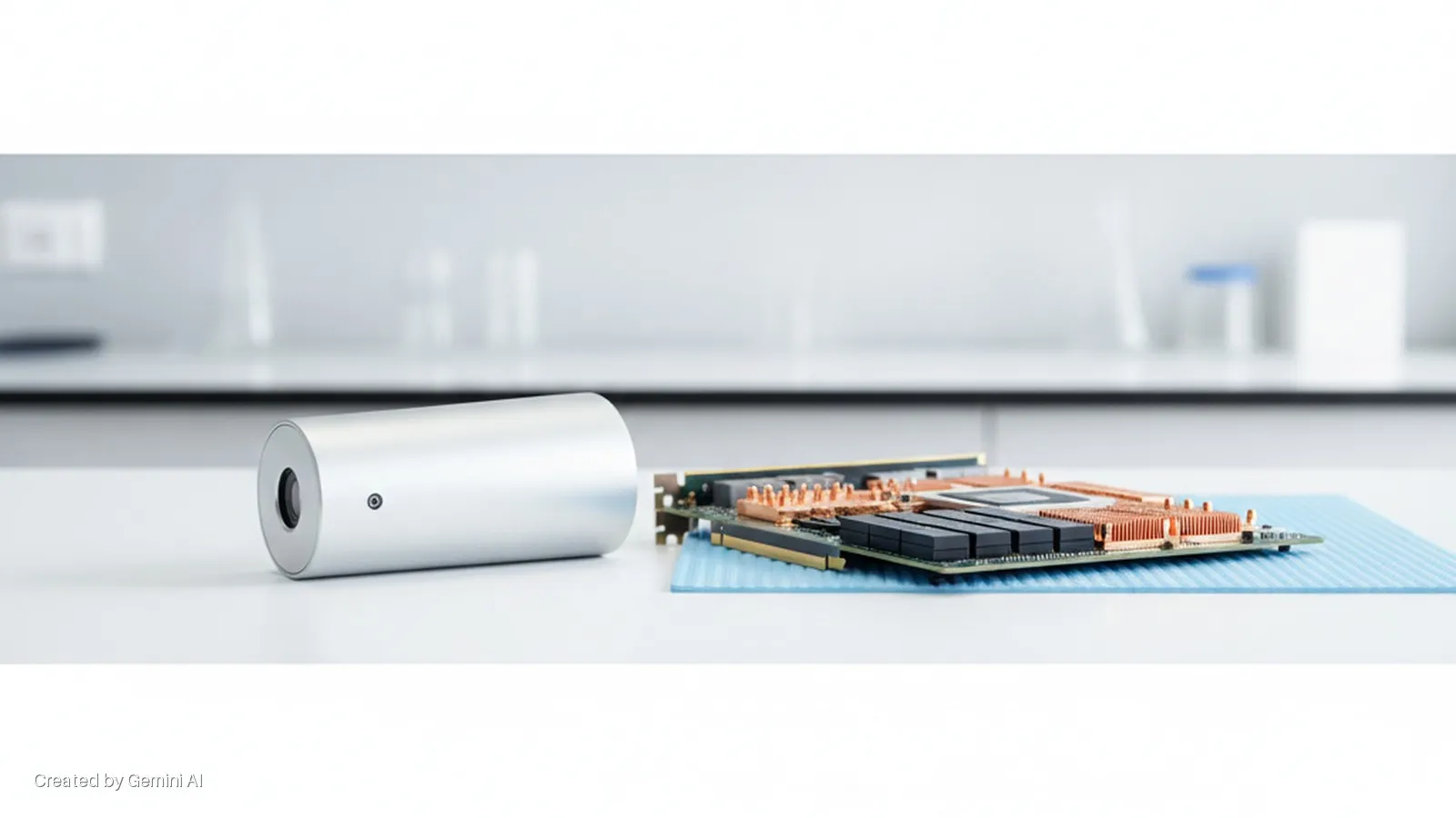A silver cylindrical device and a circuit board with copper heatsinks and black components rest on a blue mat on a bright white laboratory tabletop.